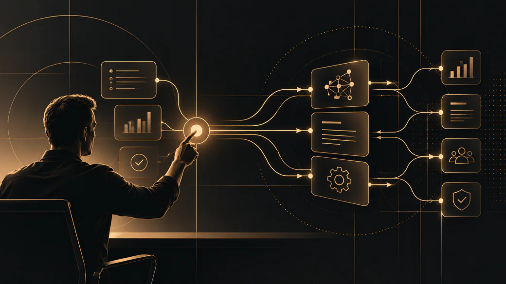 A person directing a branching network of AI workflows, with connected task, reasoning, and governance panels.