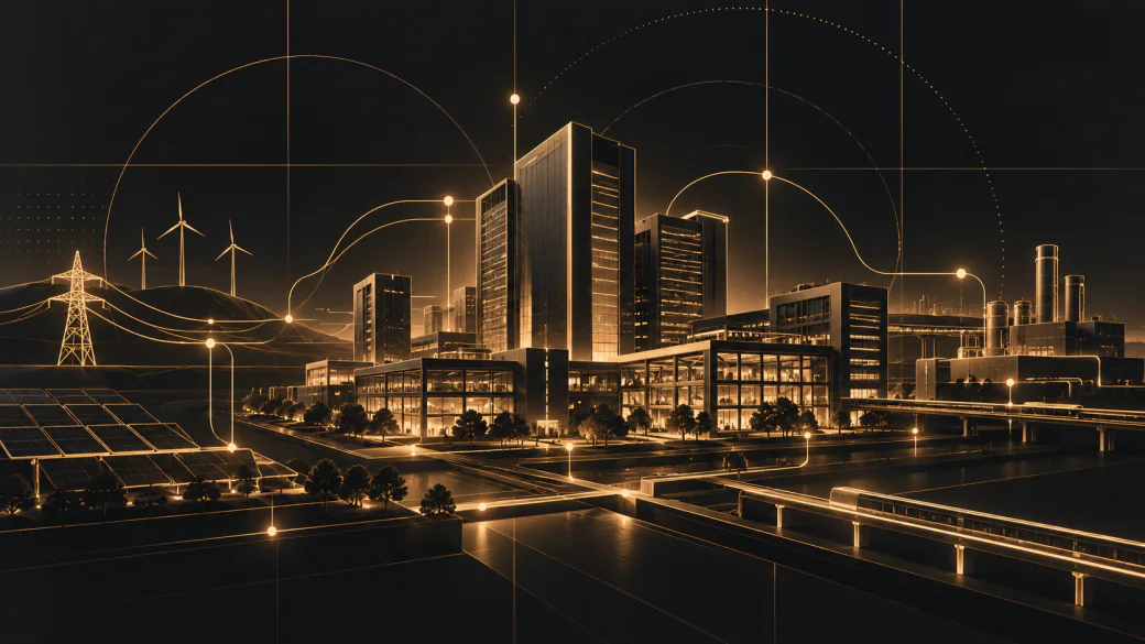 Intelligent buildings and industrial facilities connected to solar panels, wind turbines, power networks, and transport infrastructure.